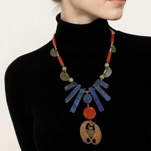 Artisan Blue and Red Beaded Necklace